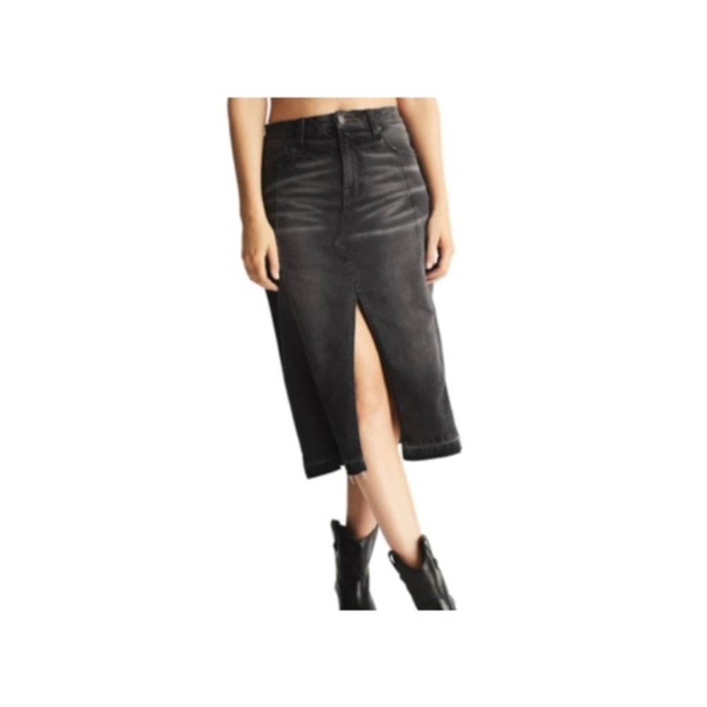 Stone Wash Black Denim Midi Skirt